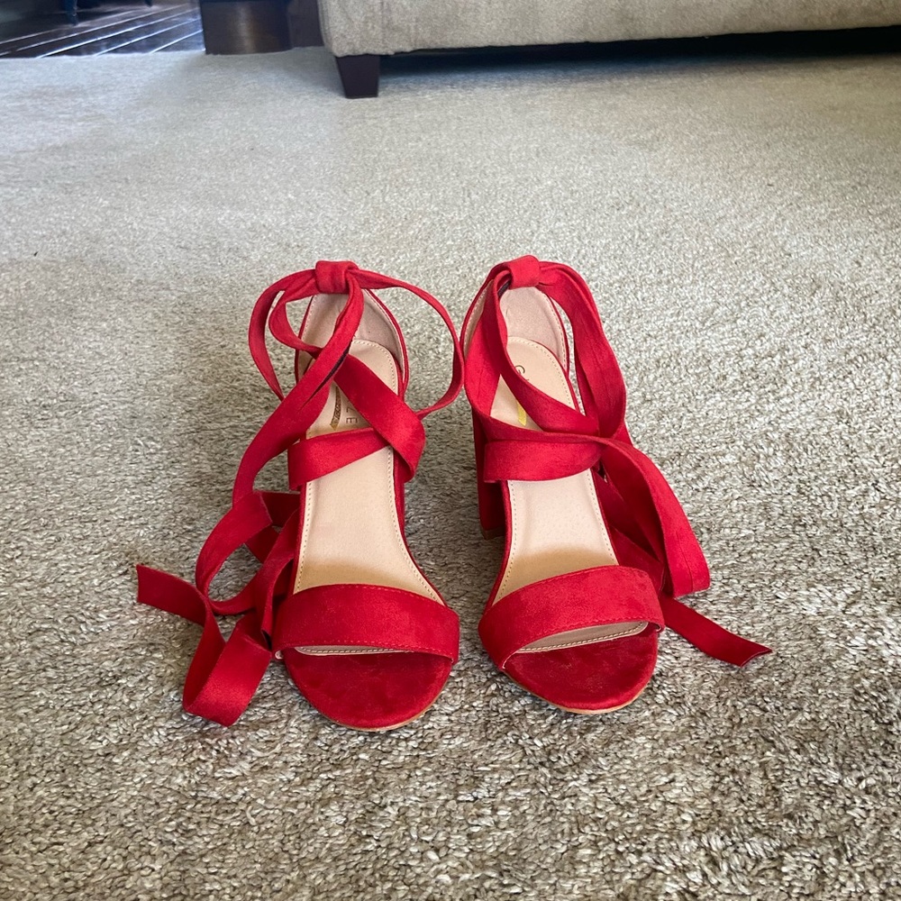 Red lace up block heels